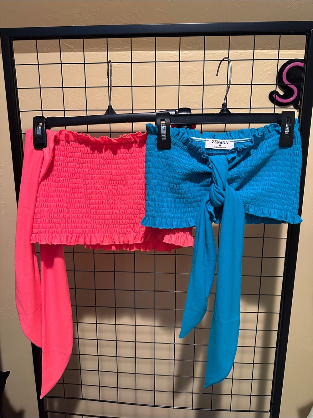 Two Zenana  Pink and Teal Smocked Crop Tops with Tie Detail